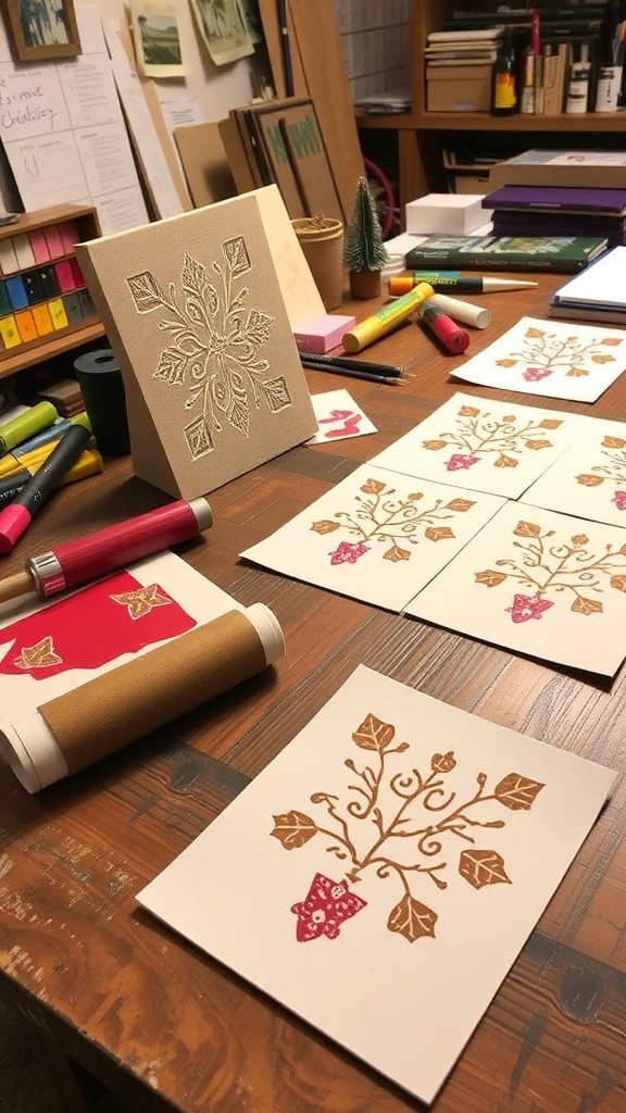 Linocut Christmas card making setup with carved block, ink, and printed cards on a wooden table.